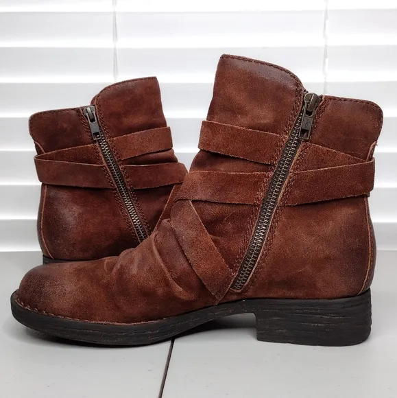 Born Eton Brown Suede Boho Distressed Zipper Tassel Cross Straps Ankle Boots Sz7