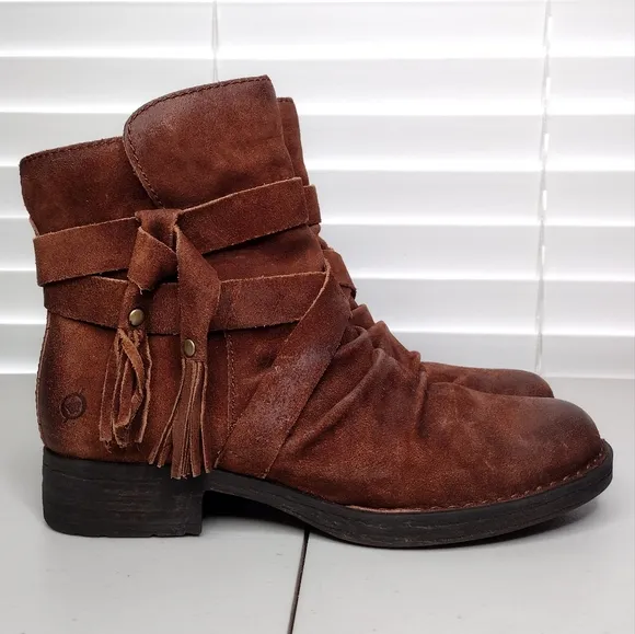 Born Eton Brown Suede Boho Distressed Zipper Tassel Cross Straps Ankle Boots Sz7