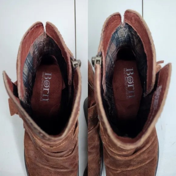 Born Eton Brown Suede Boho Distressed Zipper Tassel Cross Straps Ankle Boots Sz7