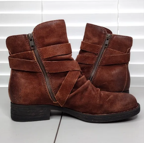Born Eton Brown Suede Boho Distressed Zipper Tassel Cross Straps Ankle Boots Sz7