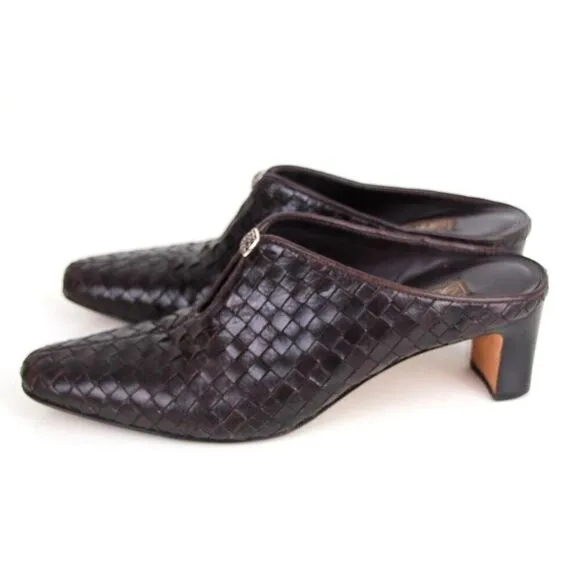 Brighton BRAIDED DARK BROWN GENUINE LEATHER MID HEEL SANDALS MULES SHOES Sz 7 N
