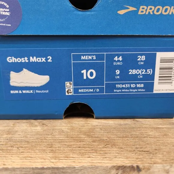 Brooks Ghost Max 2 Size 10 Mens Bright White Casual Walking Running Shoes