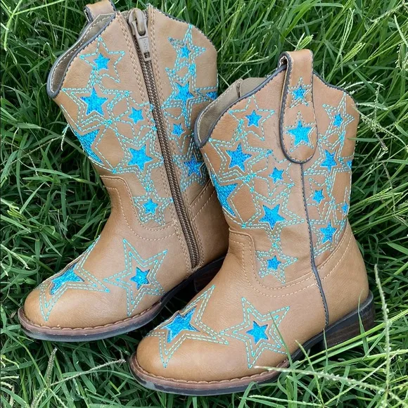 Brown Cowboy Boots with Blue Star Embroidery toddler 8 cowgirl boots