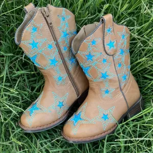 Brown Cowboy Boots with Blue Star Embroidery toddler 8 cowgirl boots
