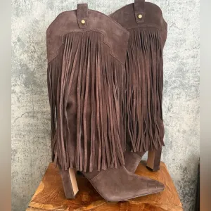 Brown Suede Fringe Boots western distressed wide calf soft leather boots