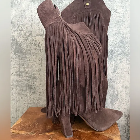 Brown Suede Fringe Boots western distressed wide calf soft leather boots
