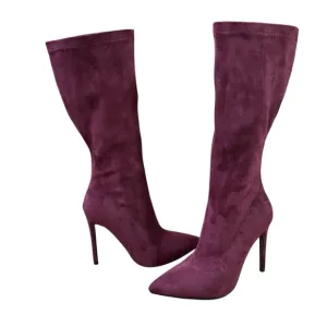Burgundy Soft Suede Knee-High Stilleto Heeled Boots Gold Tone Zipper Pointed Toe