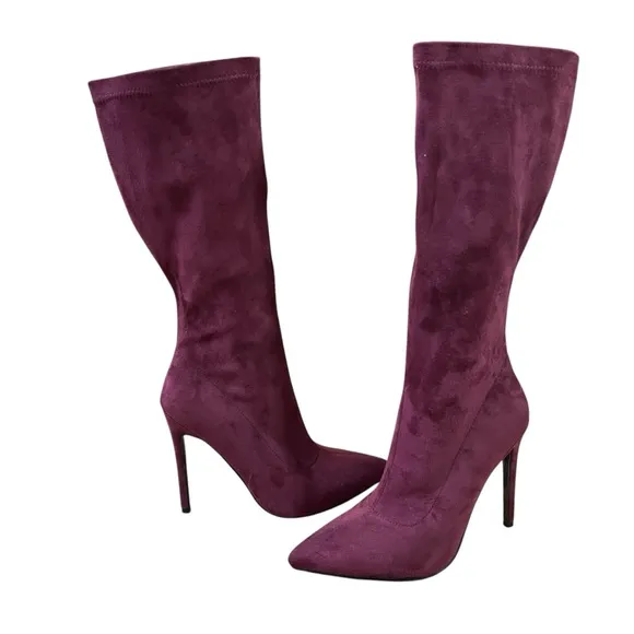 Burgundy Soft Suede Knee-High Stilleto Heeled Boots Gold Tone Zipper Pointed Toe