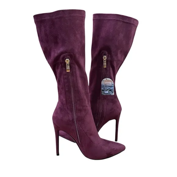 Burgundy Soft Suede Knee-High Stilleto Heeled Boots Gold Tone Zipper Pointed Toe