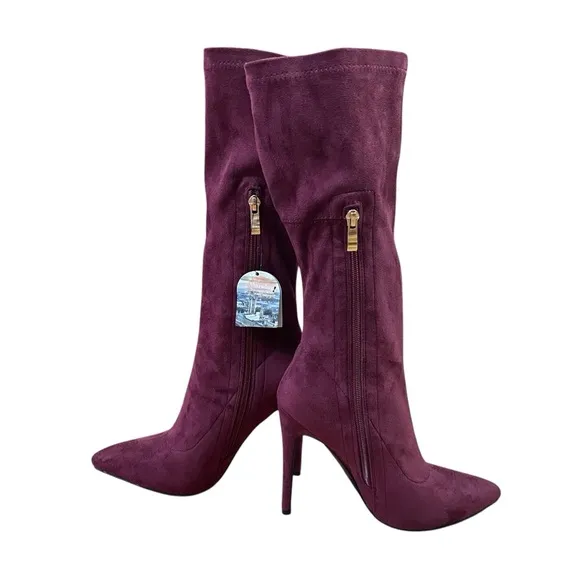 Burgundy Soft Suede Knee-High Stilleto Heeled Boots Gold Tone Zipper Pointed Toe