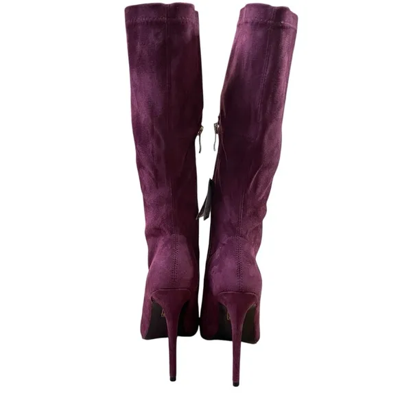 Burgundy Soft Suede Knee-High Stilleto Heeled Boots Gold Tone Zipper Pointed Toe