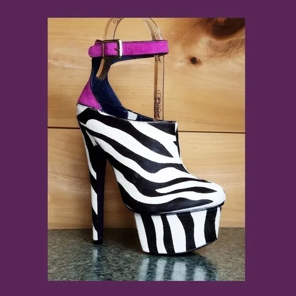 C- Zebra pony real fur mohair 6.75&quot; High Heel Platform Shoes . New !