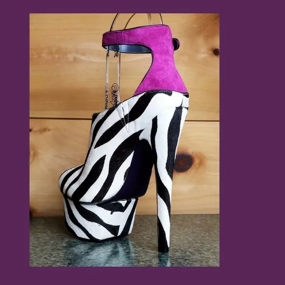C- Zebra pony real fur mohair 6.75&quot; High Heel Platform Shoes . New !
