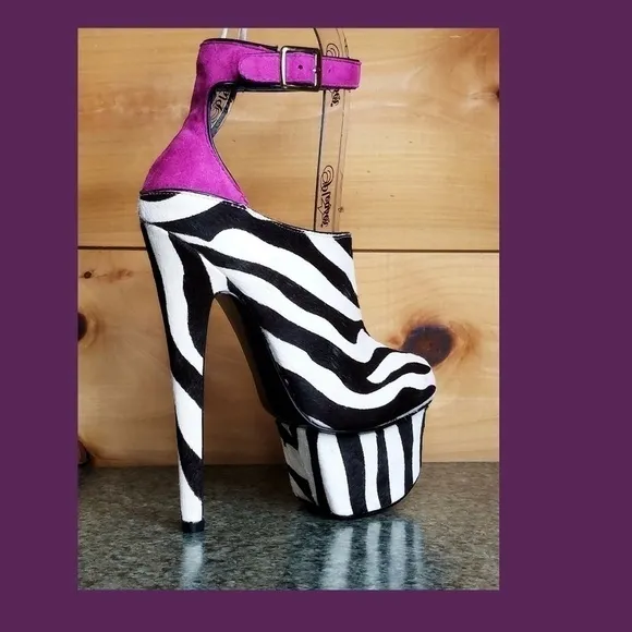 C- Zebra pony real fur mohair 6.75&quot; High Heel Platform Shoes . New !