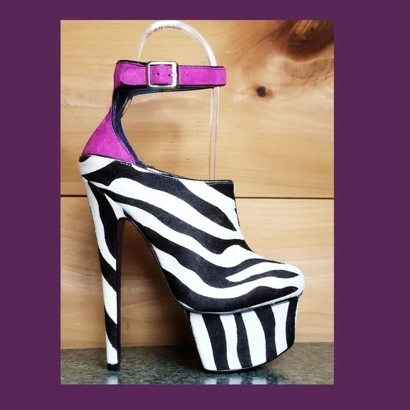 C- Zebra pony real fur mohair 6.75&quot; High Heel Platform Shoes . New !