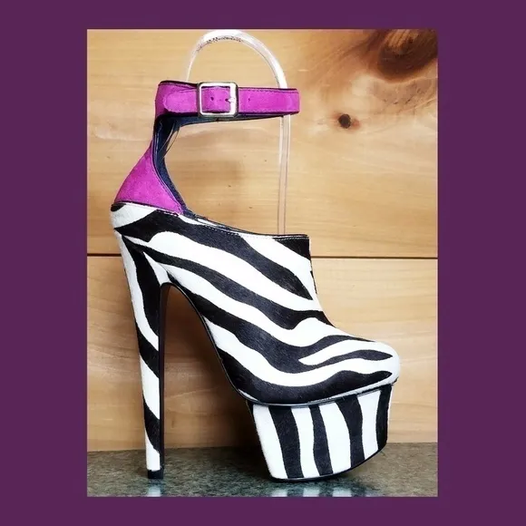 C- Zebra pony real fur mohair 6.75&quot; High Heel Platform Shoes . New !