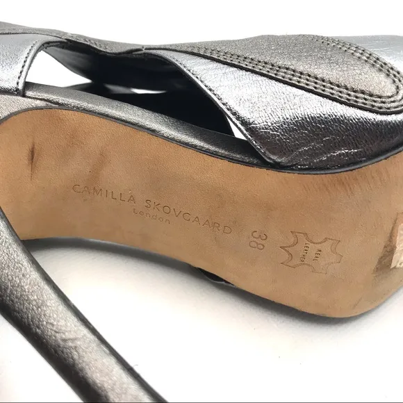 CAMILLA SKOVGAARD DARK SILVER ANTHRACITE  LEATHER STILETTO HEELS (38)