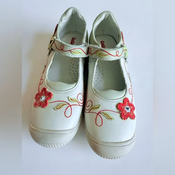 Catimini Girls Leather Shoes Sz 11 EU 28 US White Floral Embroidery Made Morocco