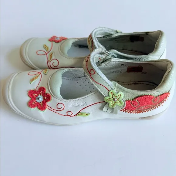Catimini Girls Leather Shoes Sz 11 EU 28 US White Floral Embroidery Made Morocco