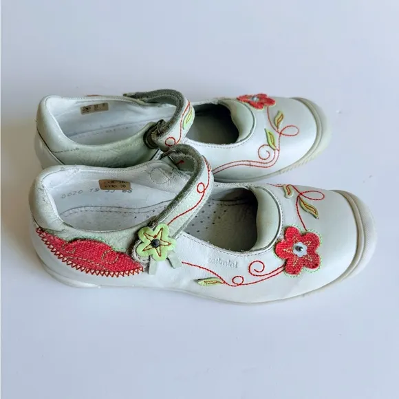 Catimini Girls Leather Shoes Sz 11 EU 28 US White Floral Embroidery Made Morocco