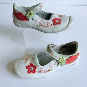 Catimini Girls Leather Shoes Sz 11 EU 28 US White Floral Embroidery Made Morocco