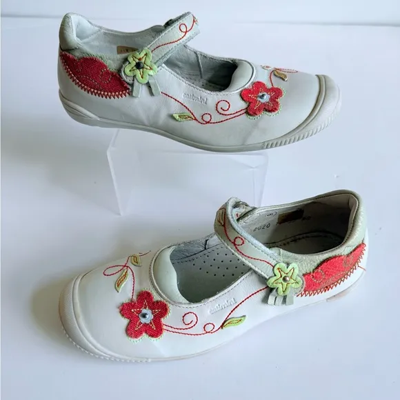 Catimini Girls Leather Shoes Sz 11 EU 28 US White Floral Embroidery Made Morocco