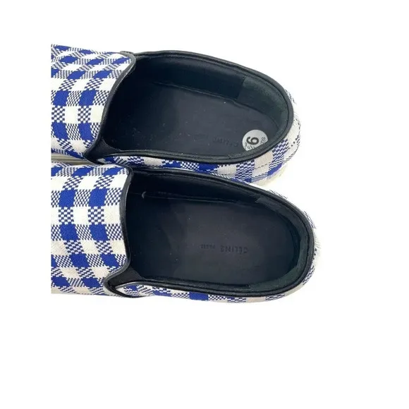 Celine Paris Womens Size EU 40 Slip On Blue Plaid Print Canvas Sneakers Shoes