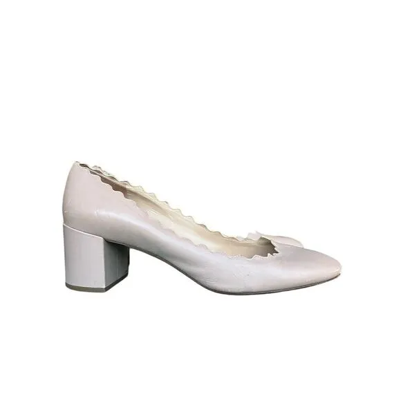 CHLOE Beige Leather Scalloped Block Heel Pumps Made Italy USA Size 8, MSRP:$550