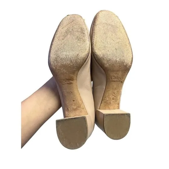 CHLOE Beige Leather Scalloped Block Heel Pumps Made Italy USA Size 8, MSRP:$550