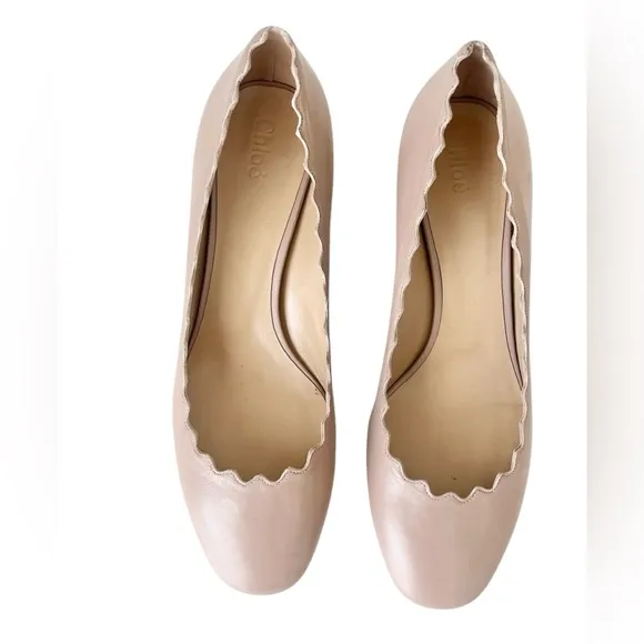 CHLOE Leather Scalloped Lauren Mid-Heel Pumps 38 pink Tea NEW