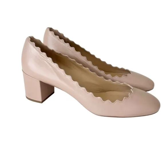 CHLOE Leather Scalloped Lauren Mid-Heel Pumps 38 pink Tea NEW