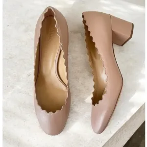 CHLOE Leather Scalloped Lauren Mid-Heel Pumps 38 pink Tea NEW