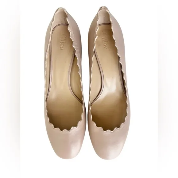 CHLOE Leather Scalloped Lauren Mid-Heel Pumps 38 pink Tea NEW