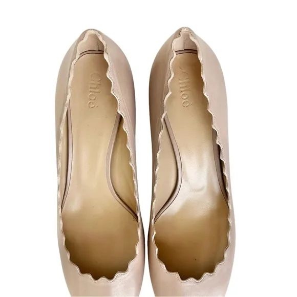 CHLOE Leather Scalloped Lauren Mid-Heel Pumps 38 pink Tea NEW