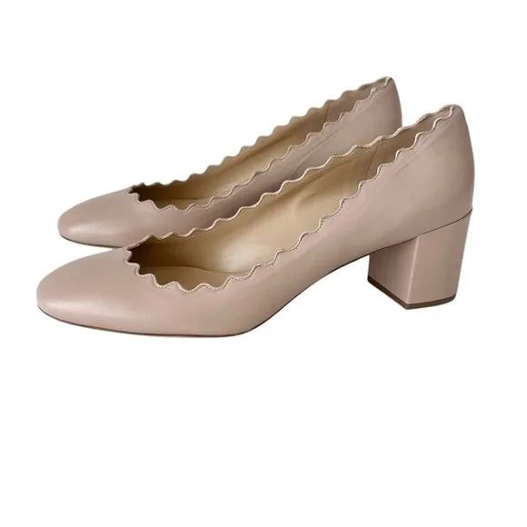 CHLOE Leather Scalloped Lauren Mid-Heel Pumps 38 pink Tea NEW
