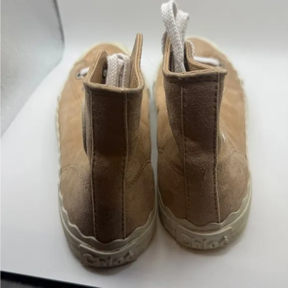 CHLOE Women’s Tan Suede High Top Scalloped Rubber Sneakers Size 8