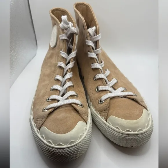 CHLOE Women’s Tan Suede High Top Scalloped Rubber Sneakers Size 8