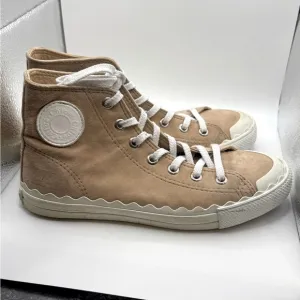 CHLOE Women’s Tan Suede High Top Scalloped Rubber Sneakers Size 8