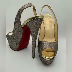 Christian Louboutin LadyPeep Toe Gold and Glitter Slingback Pumps