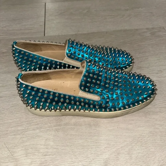 Christian Louboutin Spike Studded Blue Slip-On Shoes