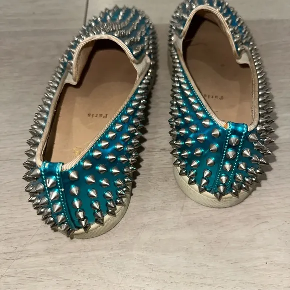 Christian Louboutin Spike Studded Blue Slip-On Shoes
