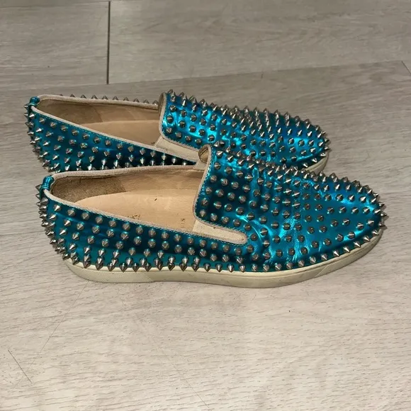 Christian Louboutin Spike Studded Blue Slip-On Shoes