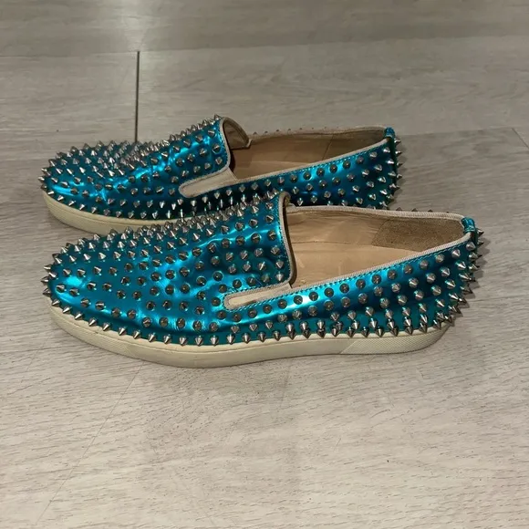 Christian Louboutin Spike Studded Blue Slip-On Shoes