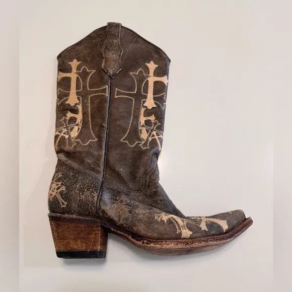 Circle G Women Handcrafted In Mexico Embroidery Cross Brown Leather Boots Size 9