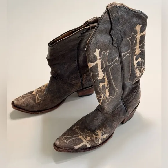 Circle G Women Handcrafted In Mexico Embroidery Cross Brown Leather Boots Size 9