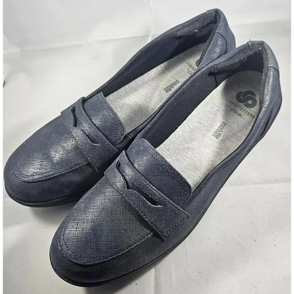 Clarks Cloud steppers Silliman 2.0 Hope Dark Blue, man made penny loafers 10 M