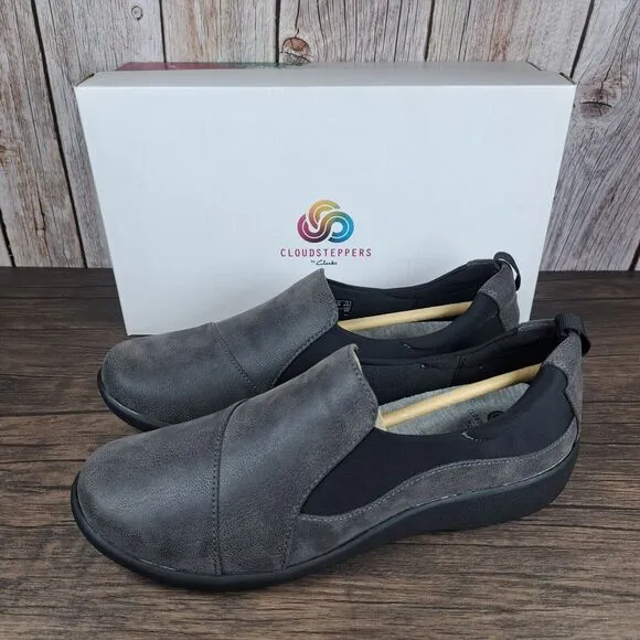 Clarks Cloudsteppers Sillian Paz Gray Slip On Shoes Women's Sz 8 M (VGC) w/Box