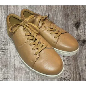 Clark’s men’s tan sneakers. White soles. Suede on heels. Size 8.5