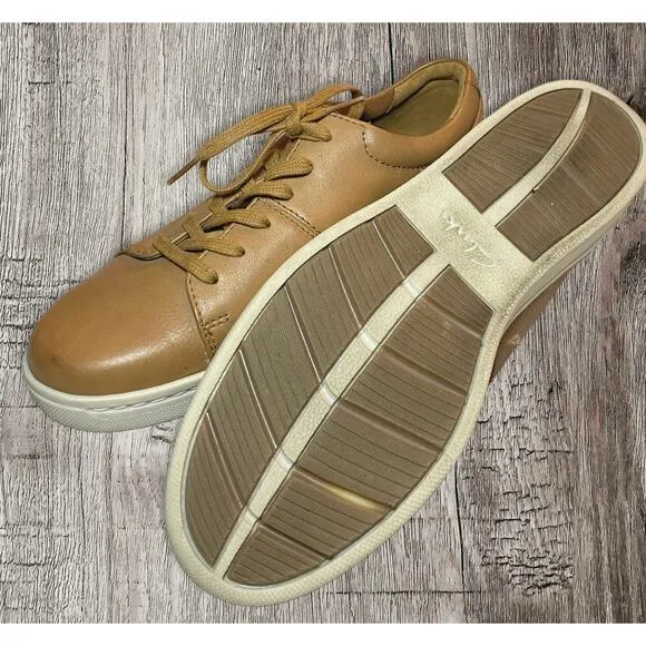 Clark’s men’s tan sneakers. White soles. Suede on heels. Size 8.5