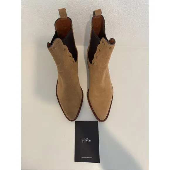Coach Bowery Peanut Suede Leather Pull-On Studded Chelsea Boots Size 10
